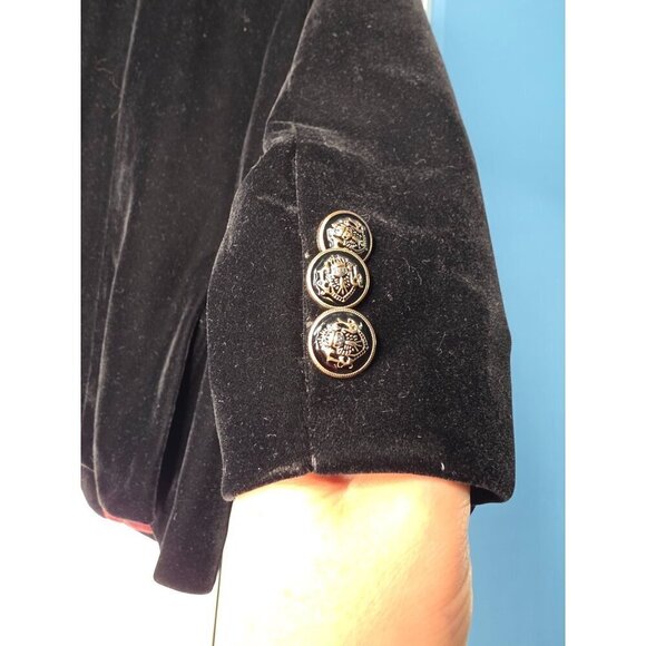 Black Velvet Blazer Jacket With Red Lining & Gold Button Details By Yuan Lu - Picture 15 of 16